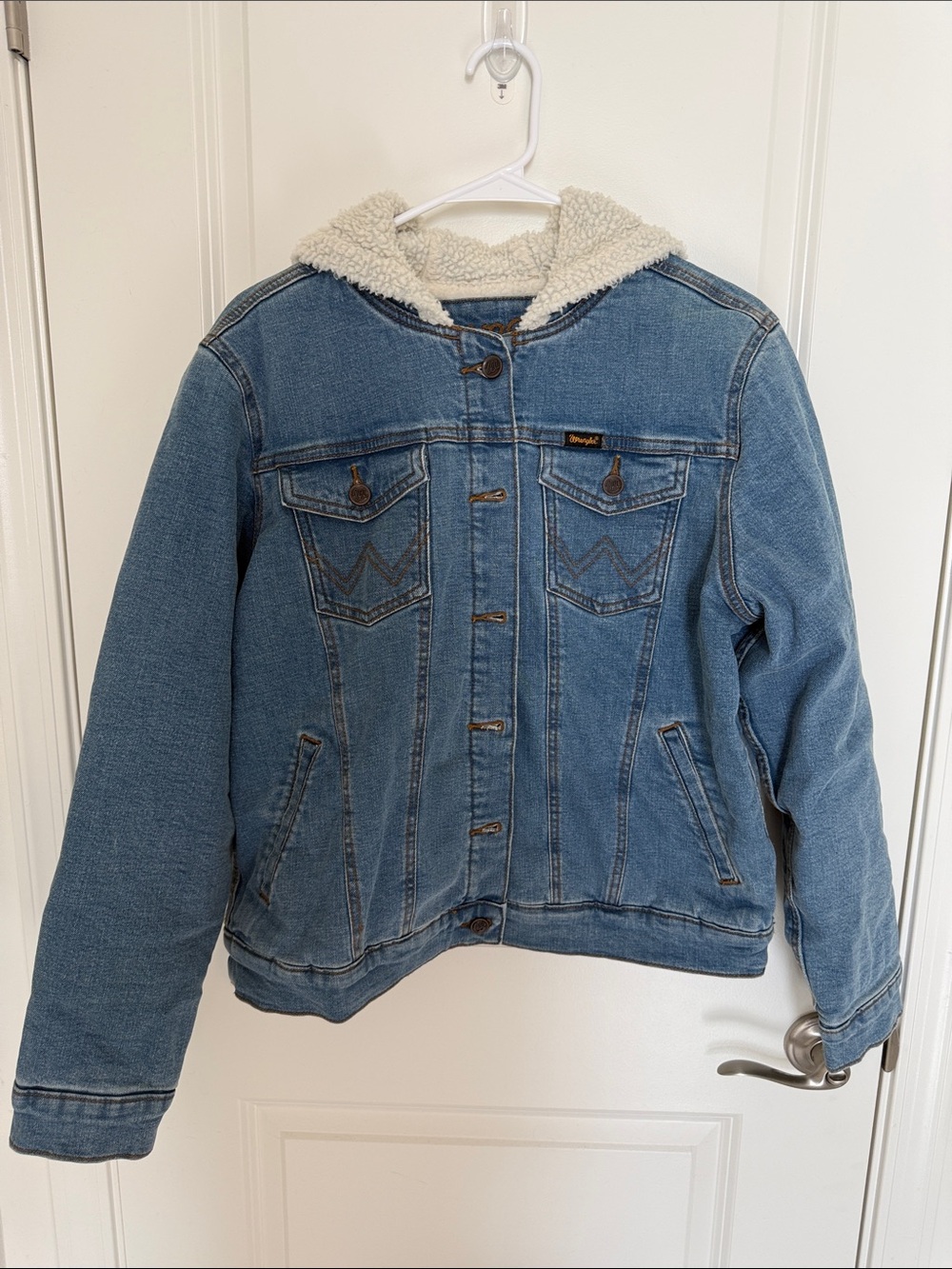Wrangler Kids Sherpa-Lined Jean Jacket in Light Blue with Cream Hood